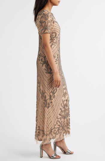 Illusion Beaded Mesh Column Gown