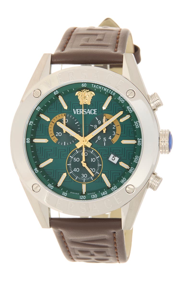 Athletic Chrono Leather Strap Watch, 44mm, Main, color, STAINLESS STEEL/ GREEN