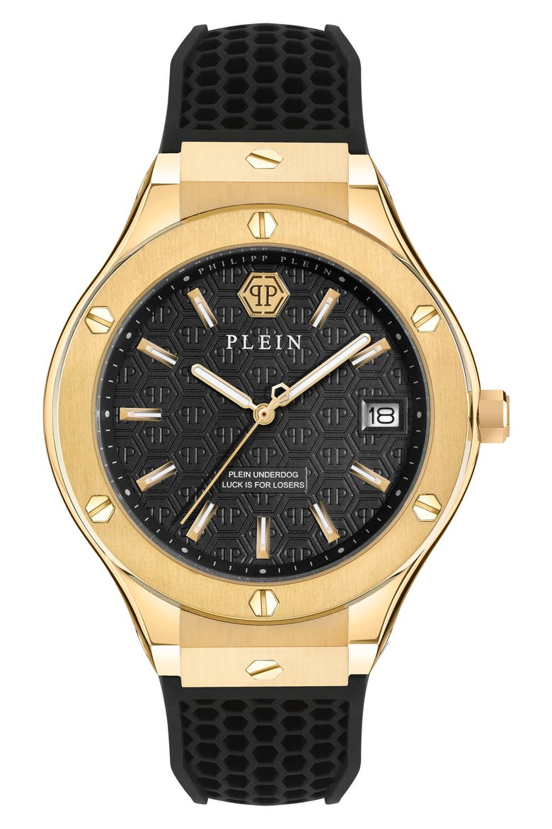 Plein Underdog Black Dial Silicone Strap Watch, 44mm, Main, color, IP YELLOW GOLD