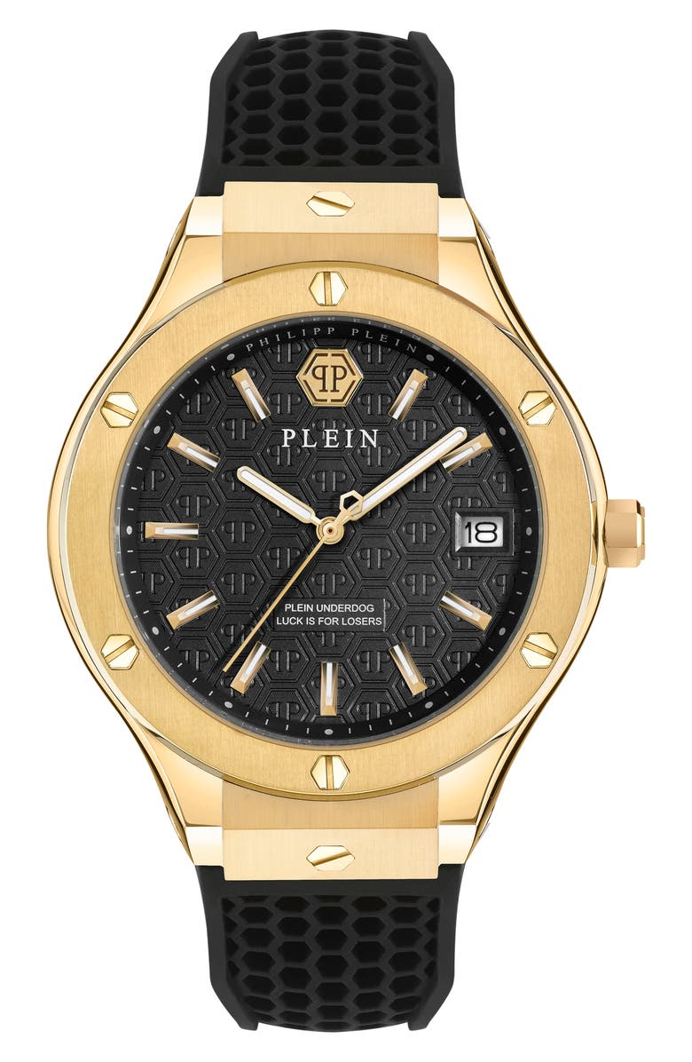 PHILIPP PLEIN Plein Underdog Black Dial Silicone Strap Watch, 44mm, Main, color, Ip Yellow Gold