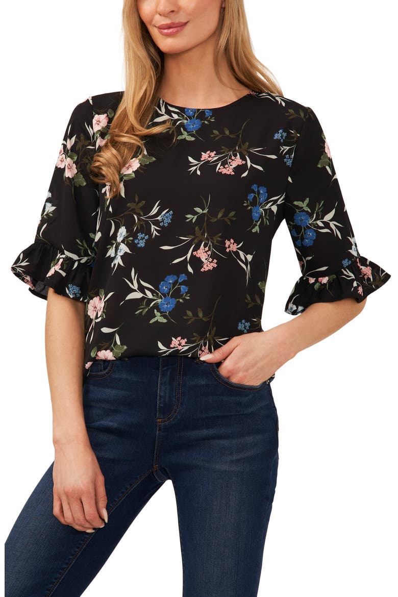 Floral Ruffle Cuff Blouse, Main, color, RICH BLACK
