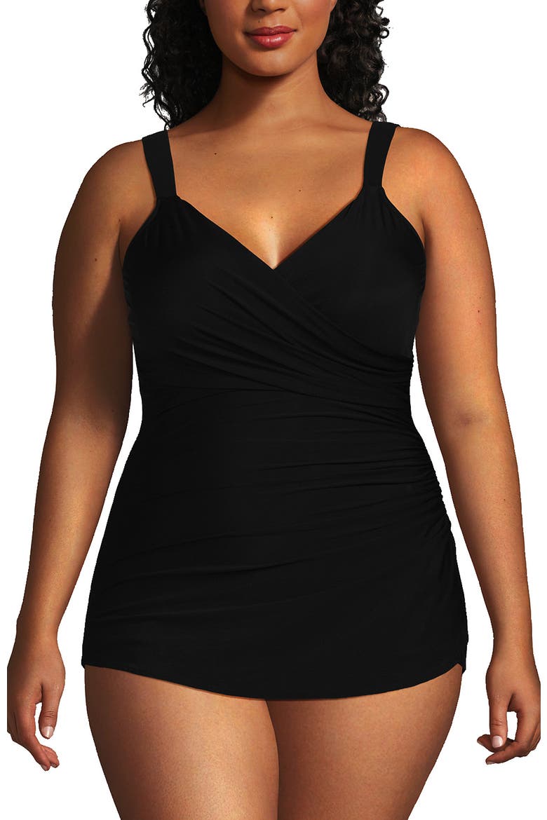Plus Size DD-Cup Slender V-Neck Tummy Control Chlorine Resistant Skirted One Piece Swimsuit, Main, color, Black