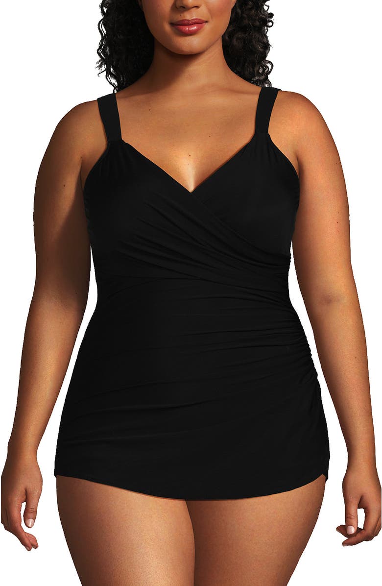 Lands' End Plus Size SlenderSuit V-Neck Skirted Low Leg One Piece, Main, color, Black