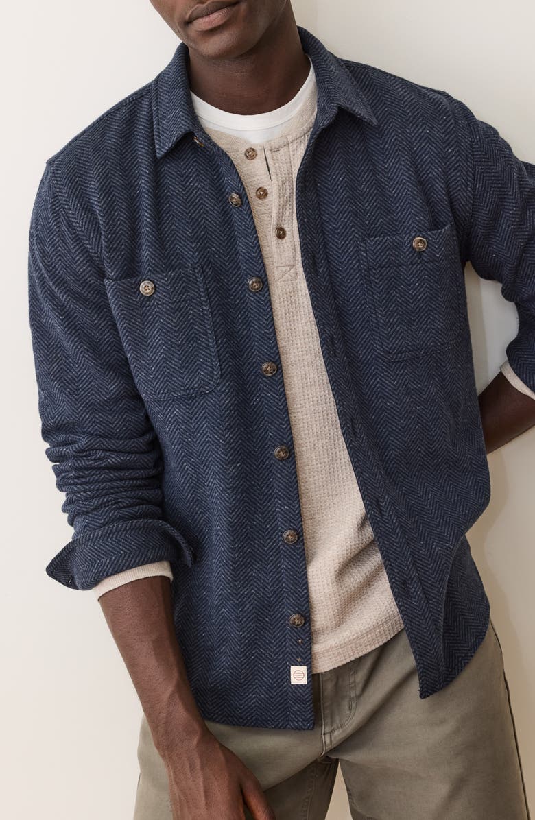 Marine Layer Pacifica Herringbone Stretch Twill Overshirt, Main, color, Navy Herringbone