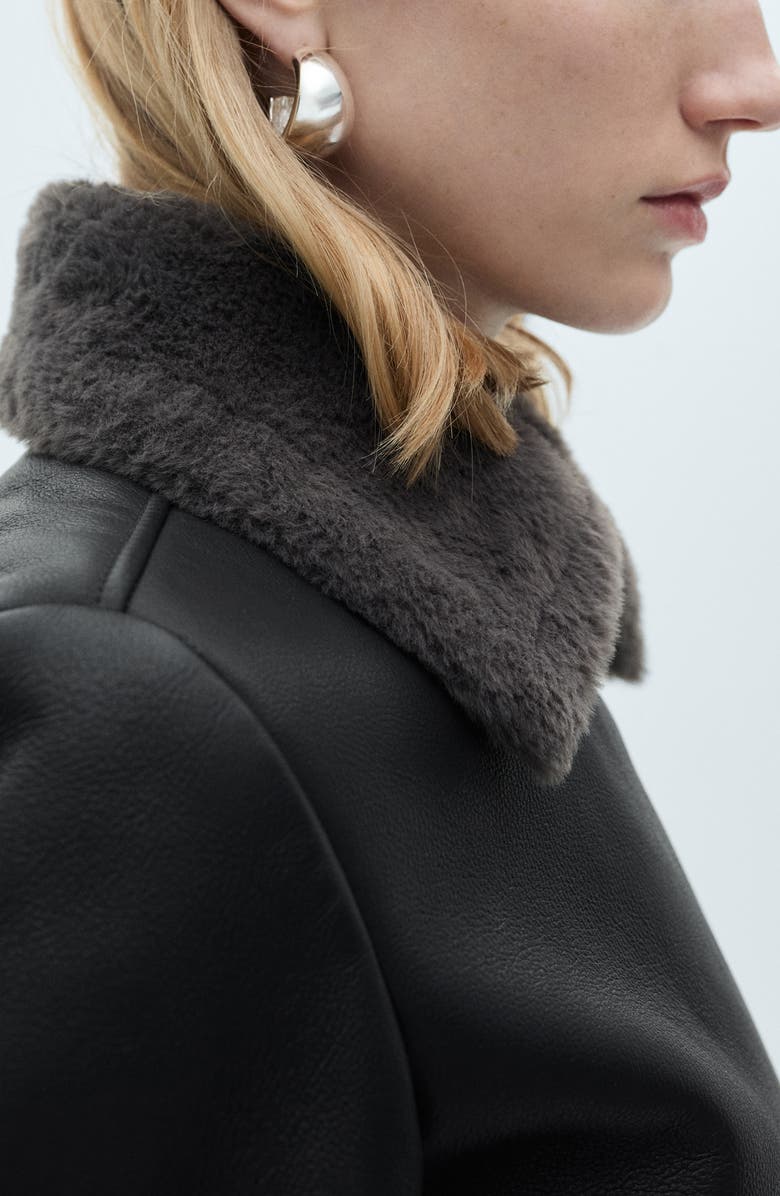 MANGO Faux Shearling & Faux Leather Moto Jacket, Alternate, color, Black