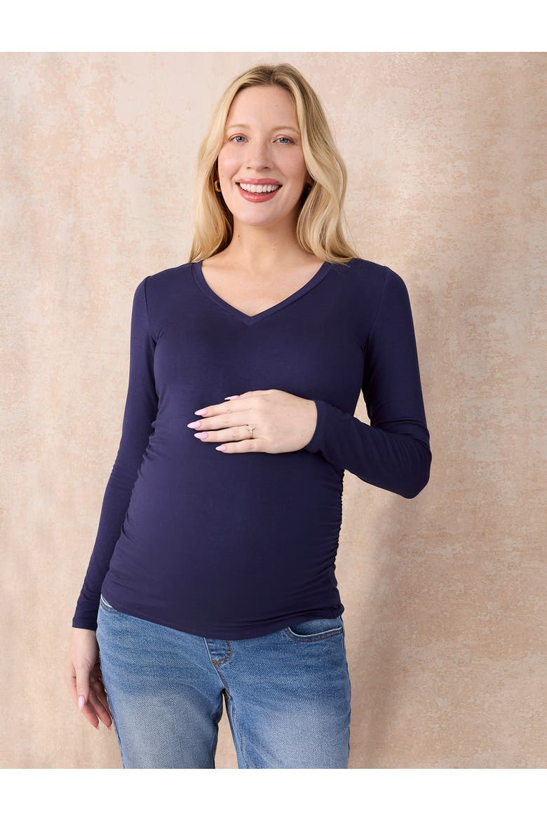 V-Neck Side-Ruched Maternity Long Sleeve Tee, Alternate, color, Peacoat