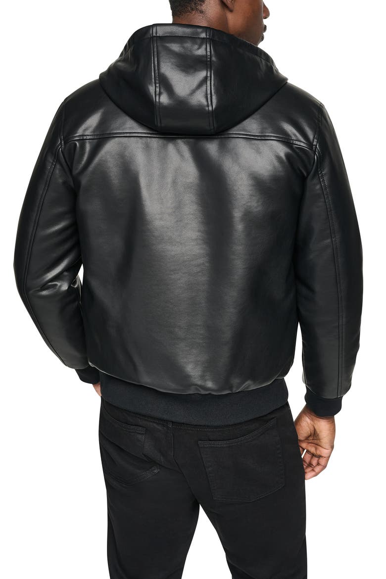 Faux Leather Hooded Bomber Jacket, Alternate, color, BLACK