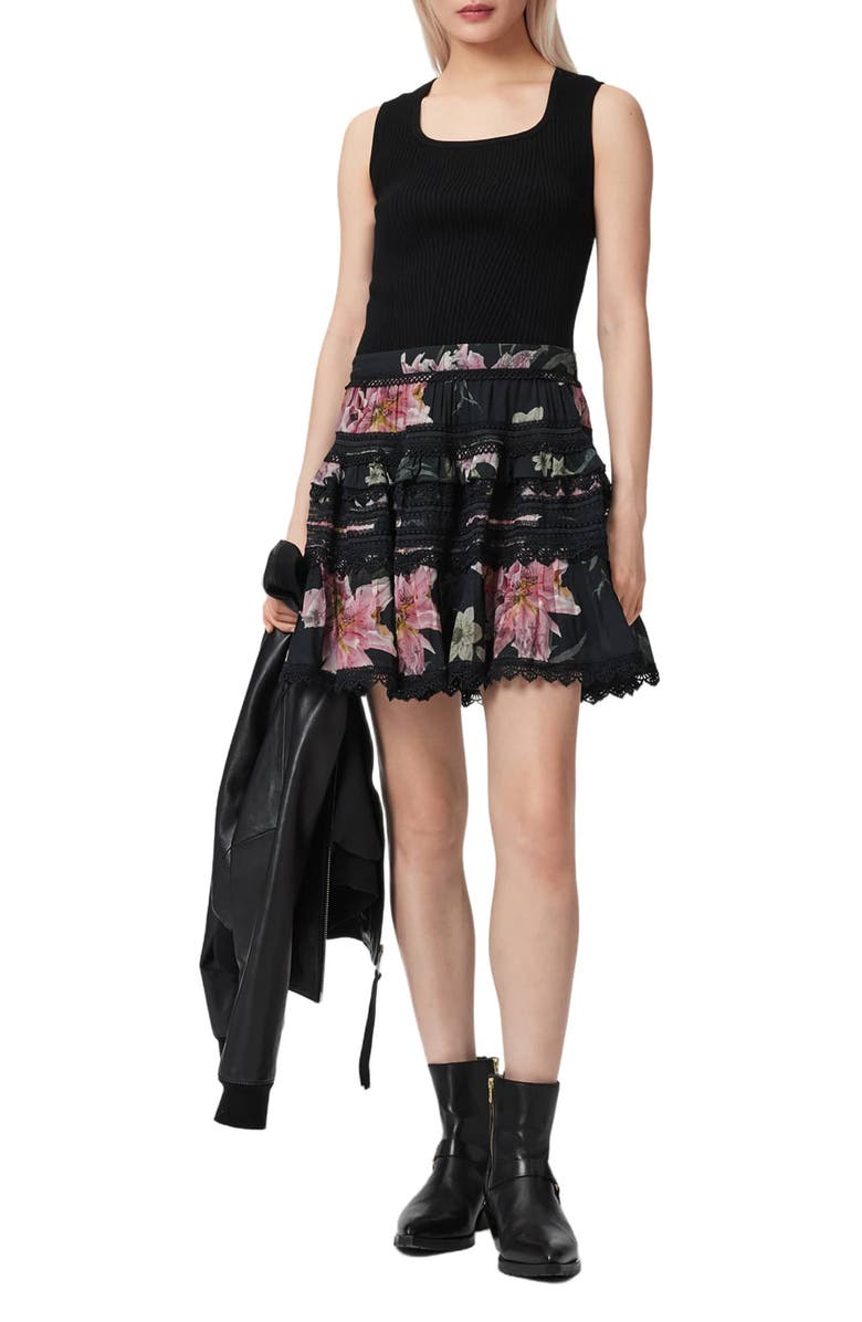 AllSaints Zora Floral Lace Detail Miniskirt, Alternate, color, Crystal Black