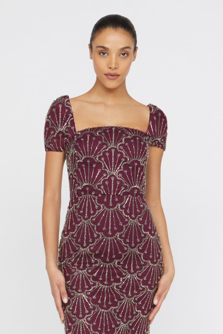 Serena Beaded Cocktail Square-Neck Sheath Dress, Alternate, color, Oxblood