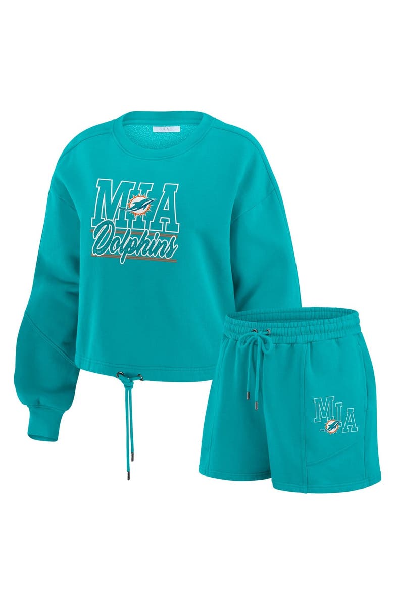 WEAR by Erin Andrews Women's WEAR by Erin Andrews Aqua Miami Dolphins Washed Fleece Long Sleeve T-Shirt & Shorts Lounge Set, Main, color, Aqua