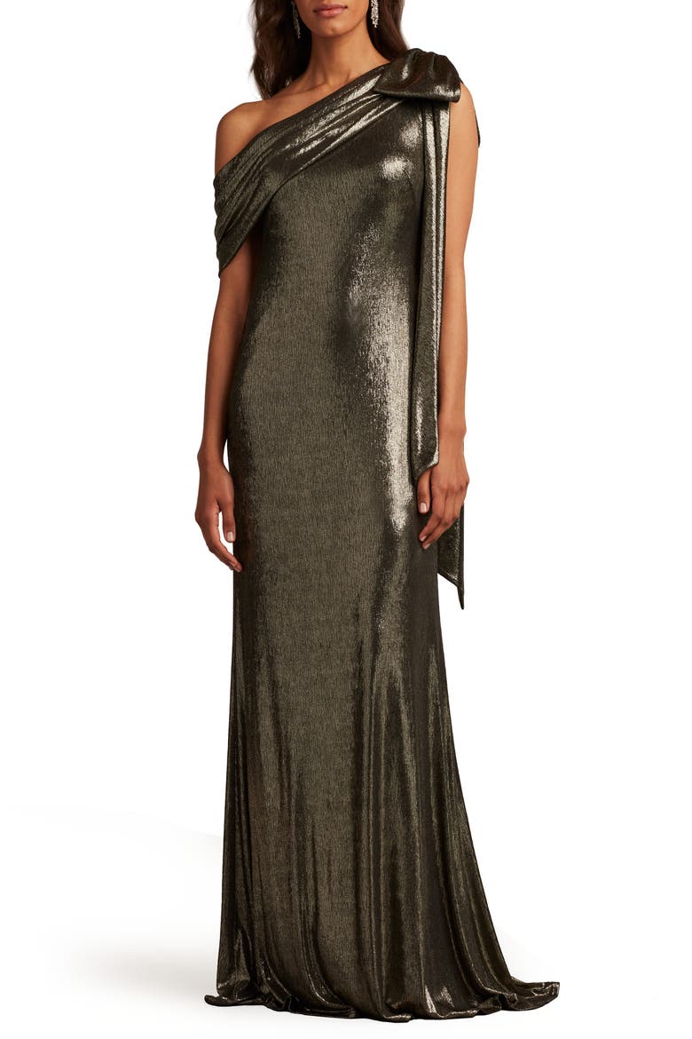 Metallic One-Shoulder Liquid Jersey Gown, Main, color, GUNMETAL