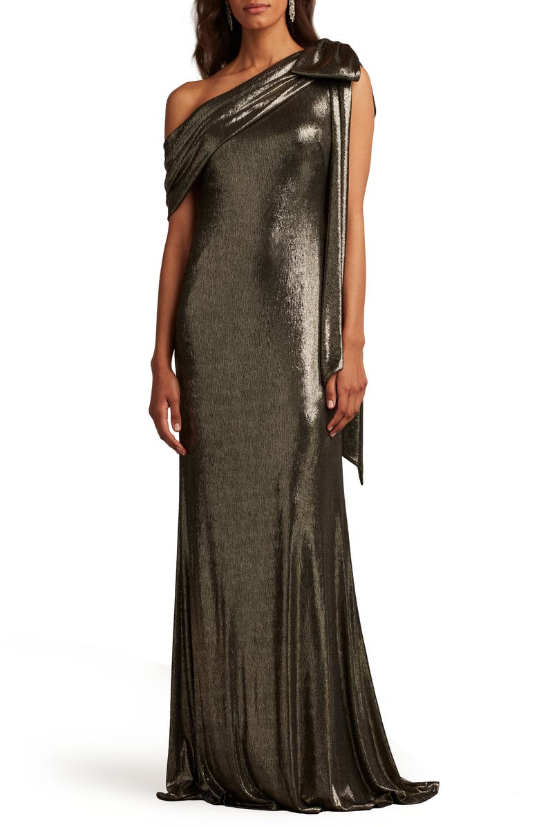 Tadashi Shoji Metallic One-Shoulder Liquid Jersey Gown, Main, color, 