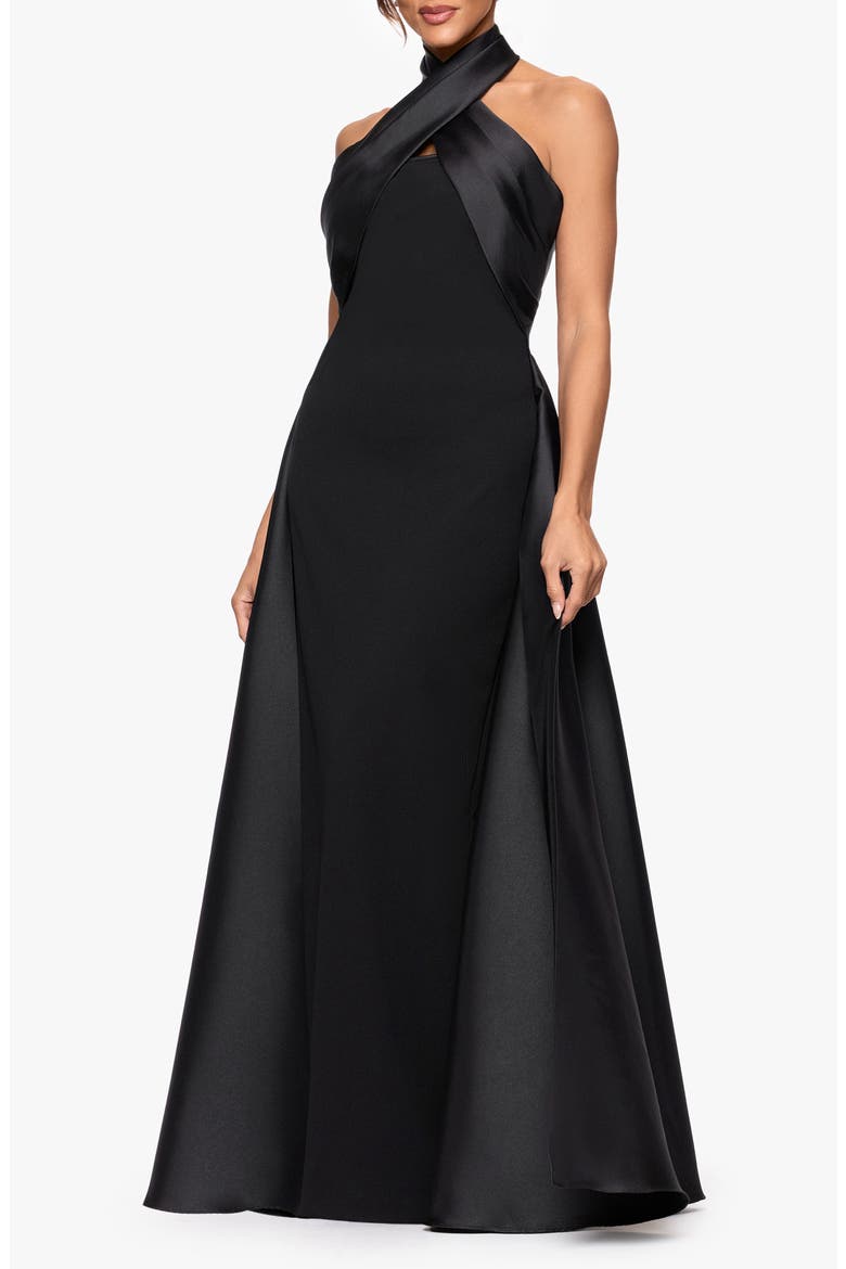 Twist Halter Neck Mikado Scuba Crepe Gown, Alternate, color, BLACK