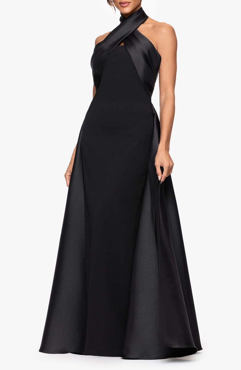 Betsy & Adam Twist Halter Neck Mikado Scuba Crepe Gown, Alternate, color, Black