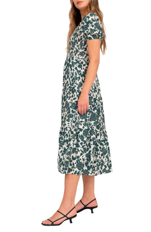 August Sky Floral Puff Sleeve Smocked Midi Dress In Forest Green Multi