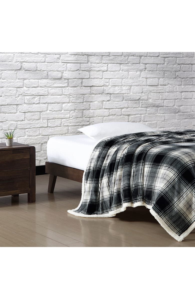 Eddie Bauer Vail Plaid Faux Shearling Throw Blanket, Alternate, color, Grey