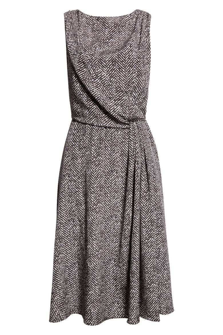 Herringbone Print Draped Crepe Cocktail Dress, Alternate, color, HH5QS CHEVRON BCO/ NERO
