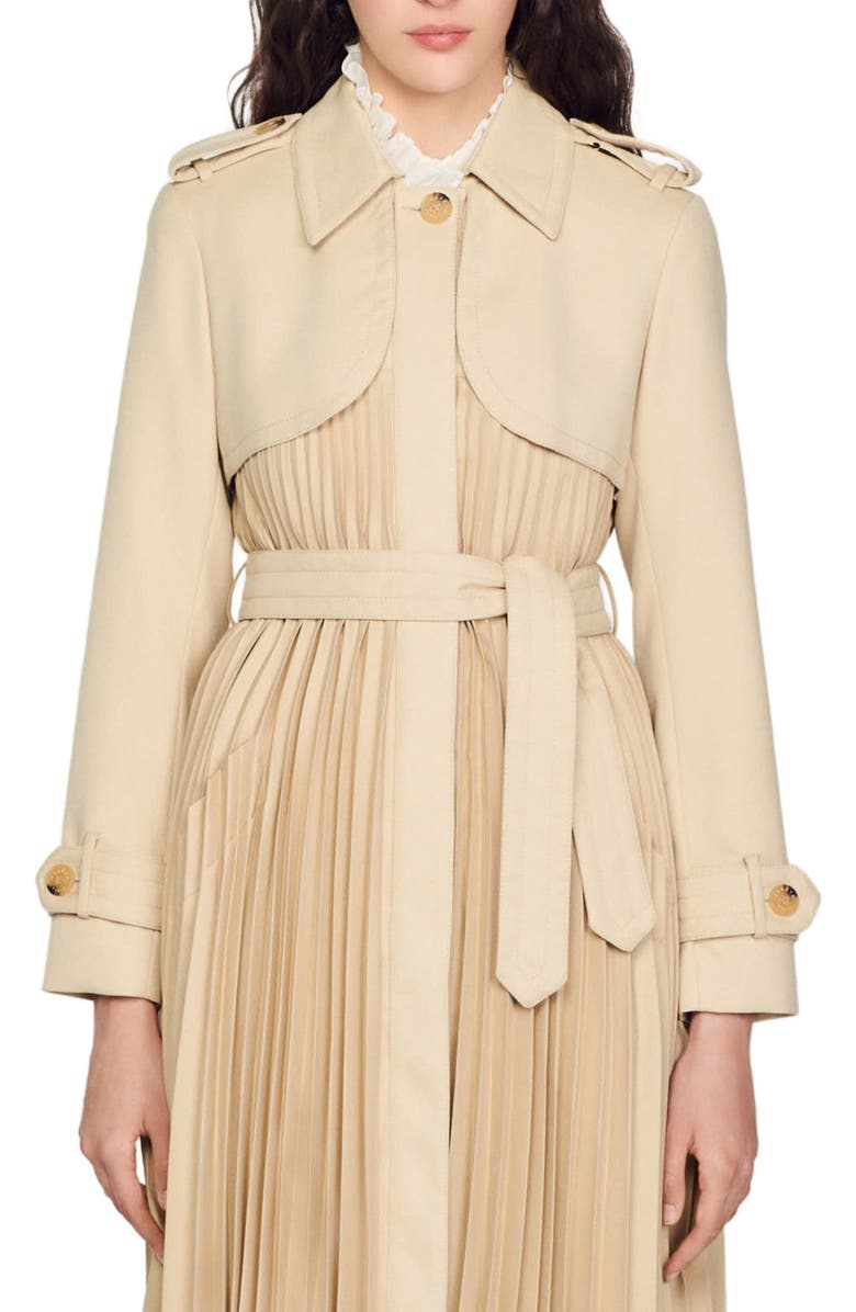 SANDRO Pleated trench coat with belt, Alternate, color, 