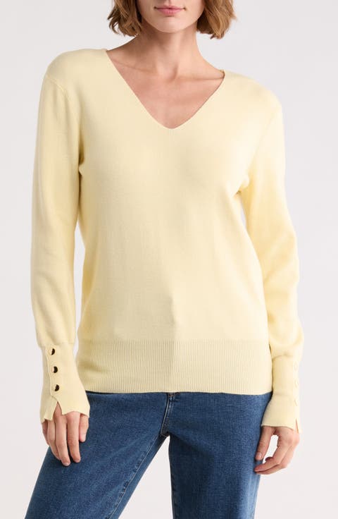 V-Neck Snap Cuff Sweater
