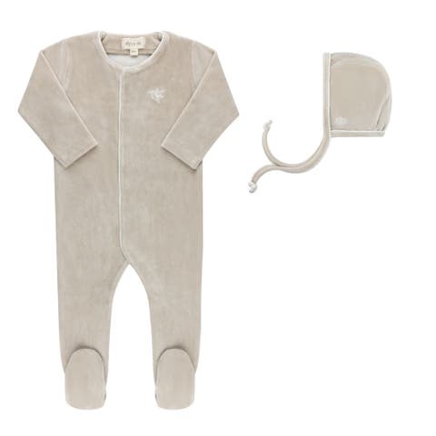 Velour Embroidered Bird & Butterfly Collection - Footie + Bonnet