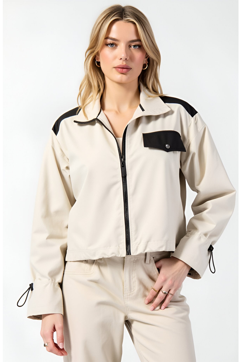 Cropped Zip-Up Jacket with Contrast Pockets, Main, color, Beige