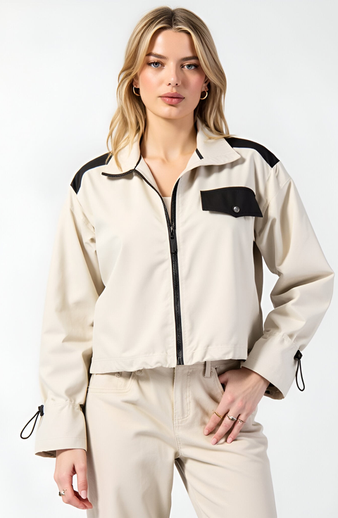 Cropped Zip-Up Jacket with Contrast Pockets