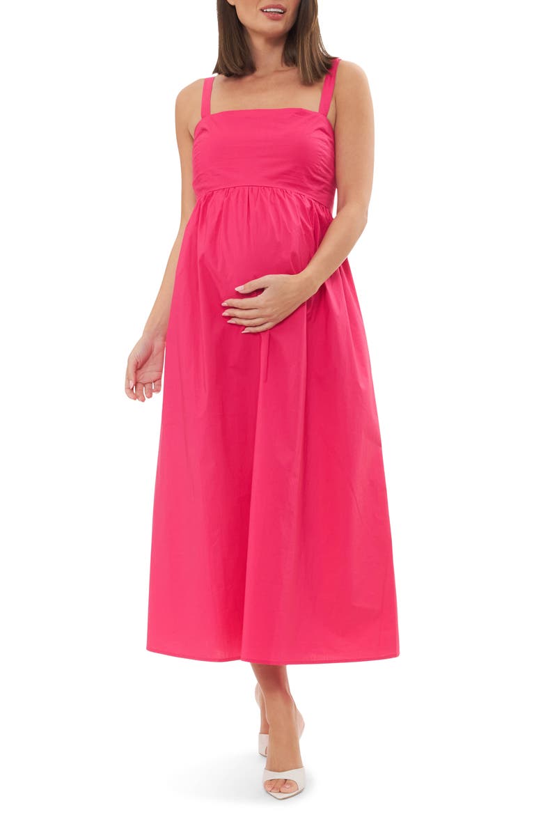 Ripe Maternity Tamara Tie Back Poplin Midi Maternity Sundress, Main, color, Hot Pink