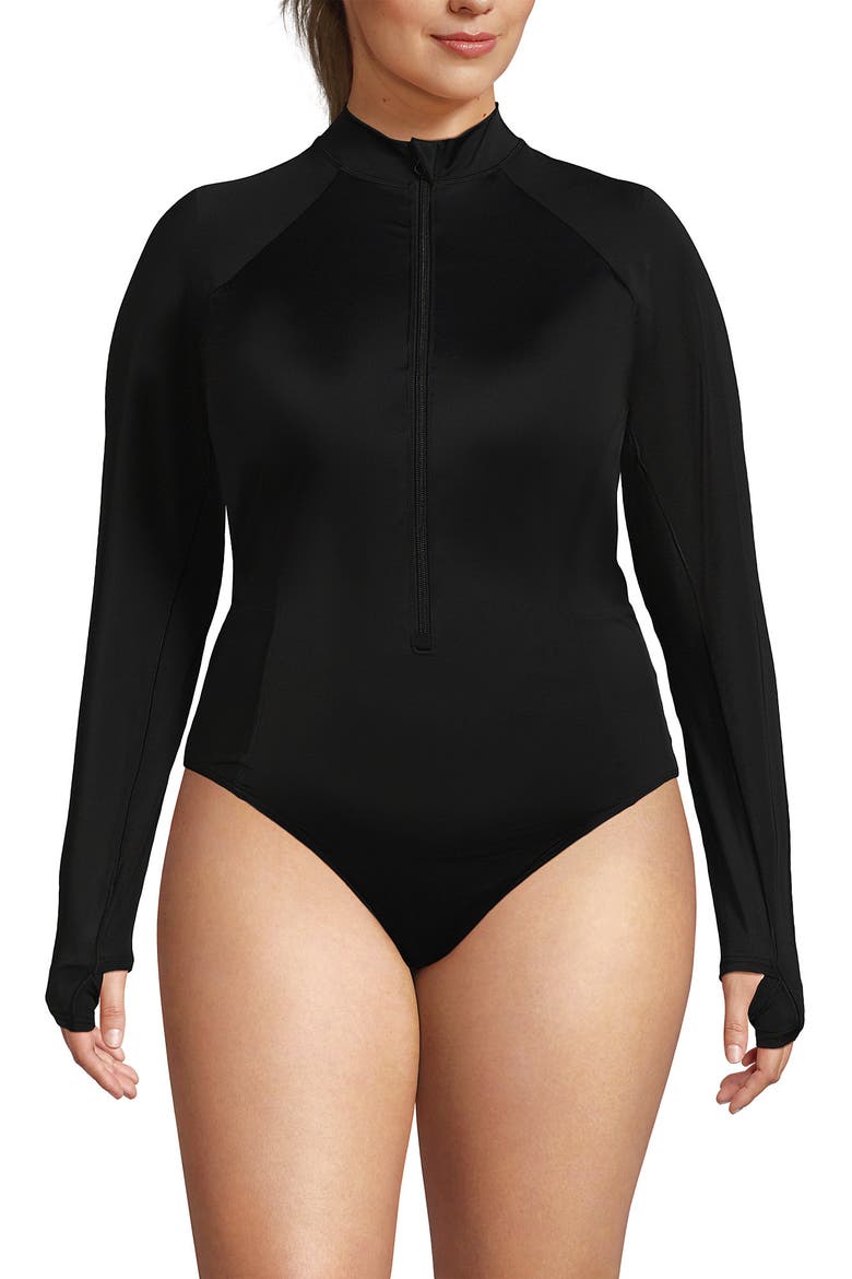 Tugless Long Sleeve Rash Guard One Piece Swimsuit, Alternate, color, Black