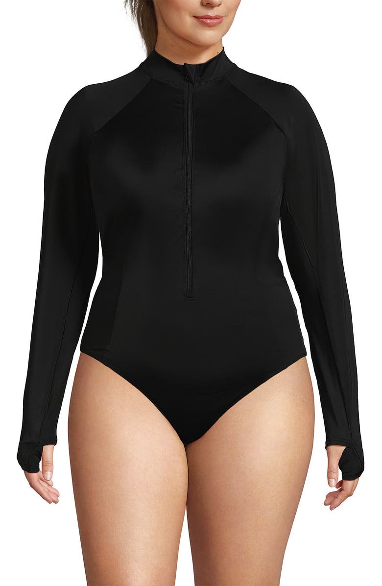 Lands' End Plus Size Tugless Long Sleeve Rash Guard One Piece Swimsuit, Alternate, color, Black