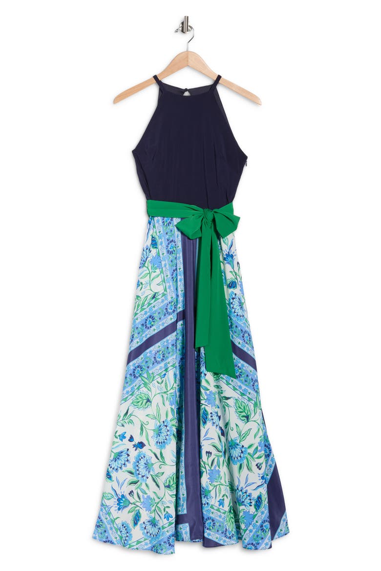 Halter Neck Twofer Maxi Dress, Alternate, color, NAVY MULTI