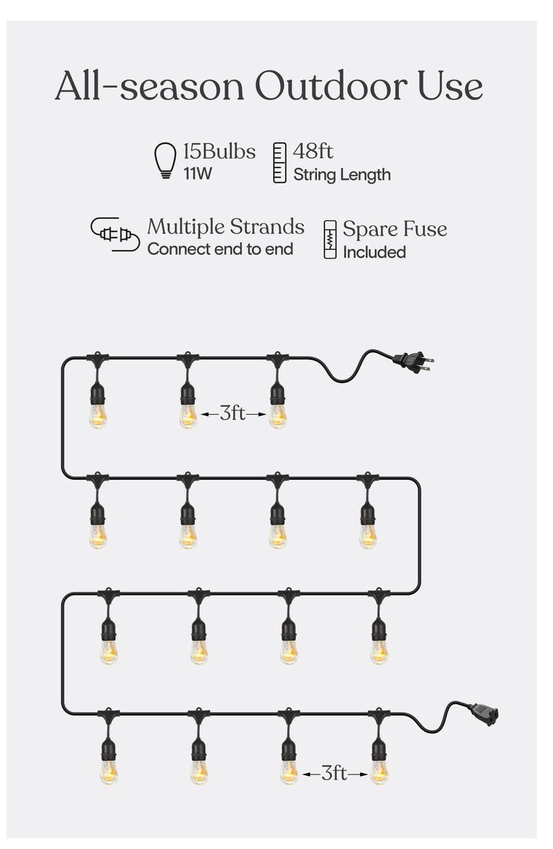 Brightech 24 ft or 48 ft, Plug‑In Heavy Duty Incandescent Glow Outdoor String Lights, Weatherproof Glass Bulbs, Alternate, color, 48 Ft 15 Bulbs | Warm White