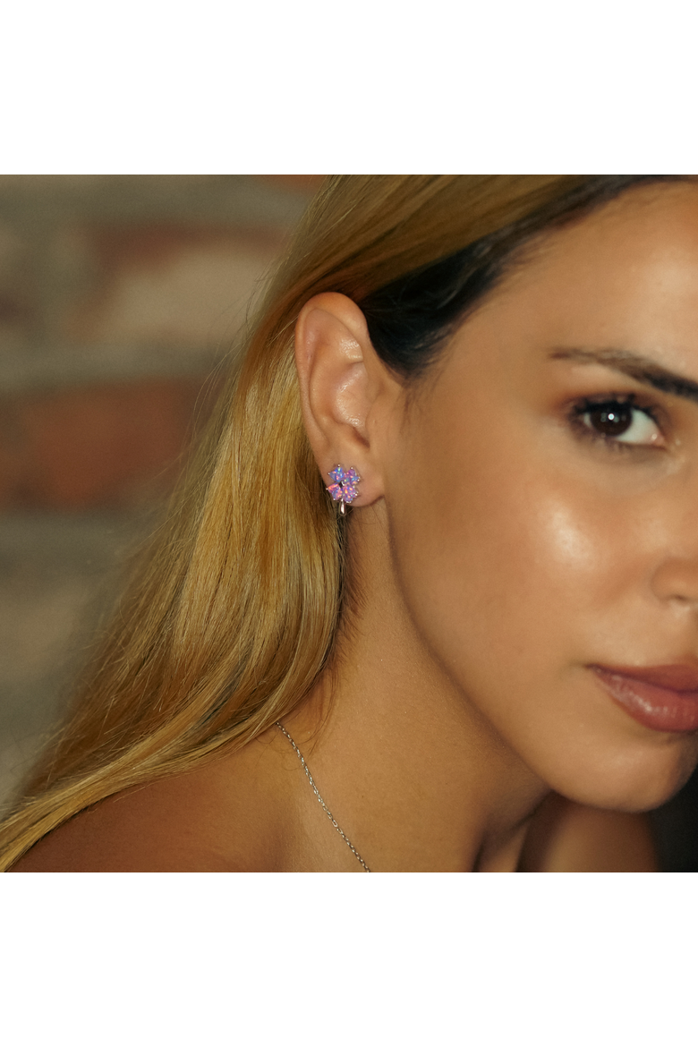 Pink Purple Opal Four Leaves Clover Sterling Silver Stud Earrings, Alternate, color, Silver
