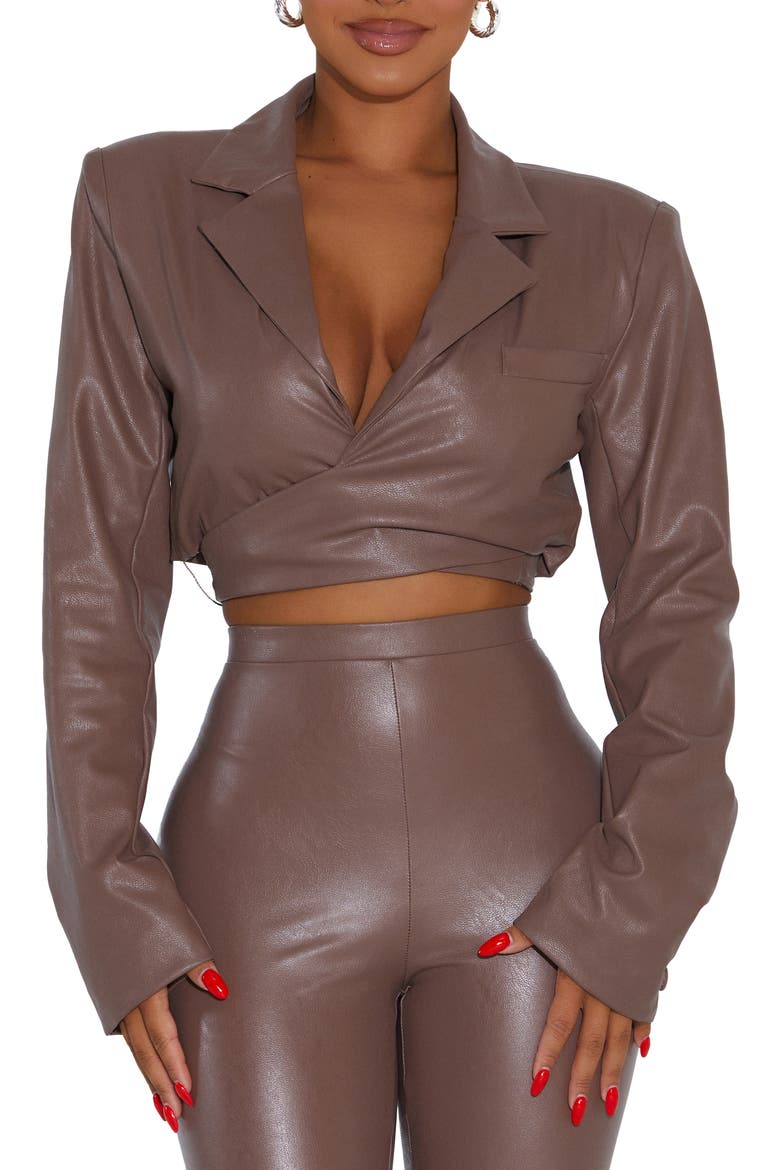 Good Crop Wrap Faux Leather Blazer, Main, color, TAUPE