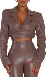 Naked Wardrobe Good Crop Wrap Faux Leather Blazer