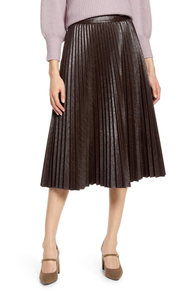 x Atlantic-Pacific Pleated Croc Faux Leather Midi Skirt (Nordstrom Exclusive), Main, color, BROWN COFFEE