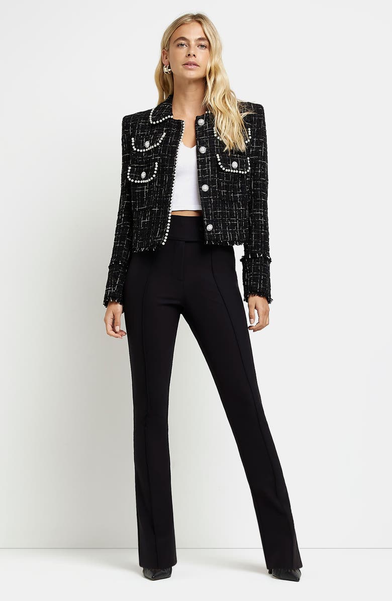 River Island Faux Pearl Crop Bouclé Blazer, Alternate, color, 
