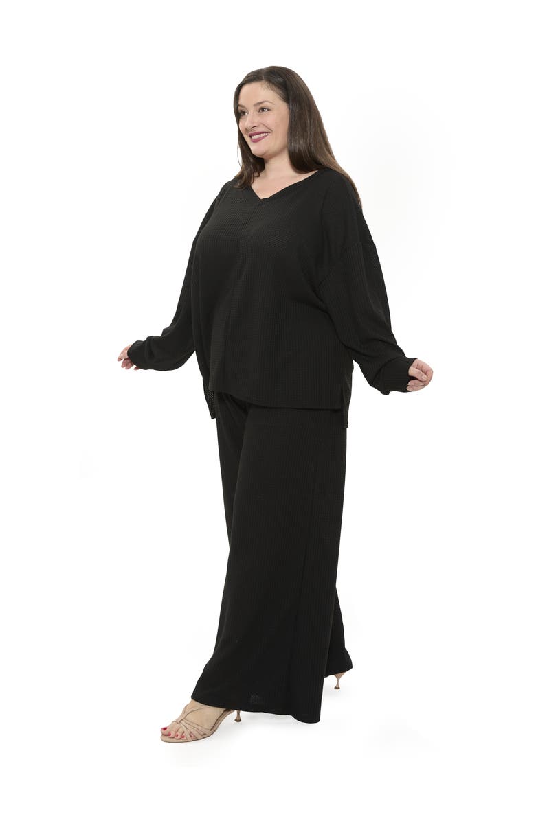 24seven Comfort Apparel Plus Size V Neck Long Sleeve Soft Waffle Knit Top and Pant Set, Alternate, color, Black