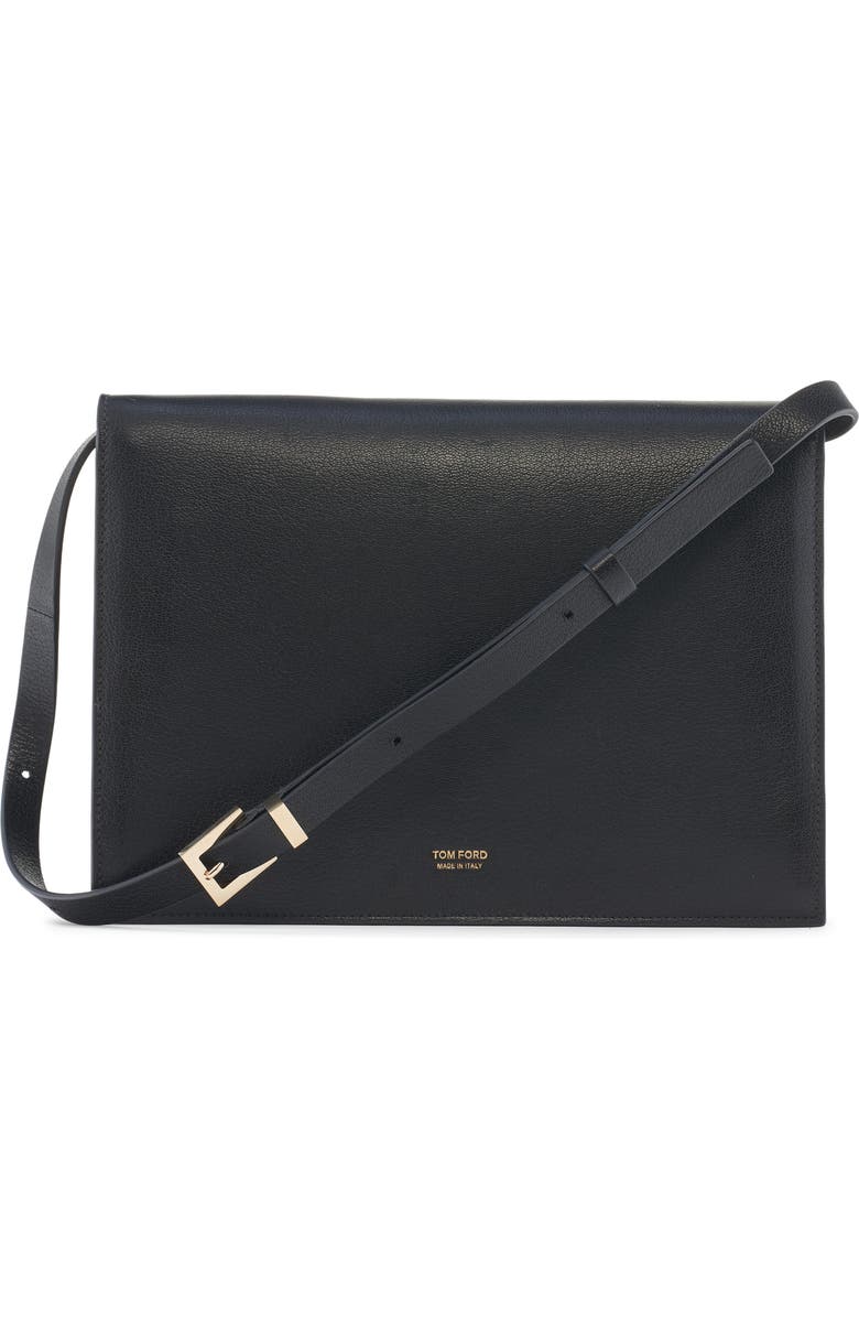 TOM FORD Double T Leather Shoulder Bag, Alternate, color, Black