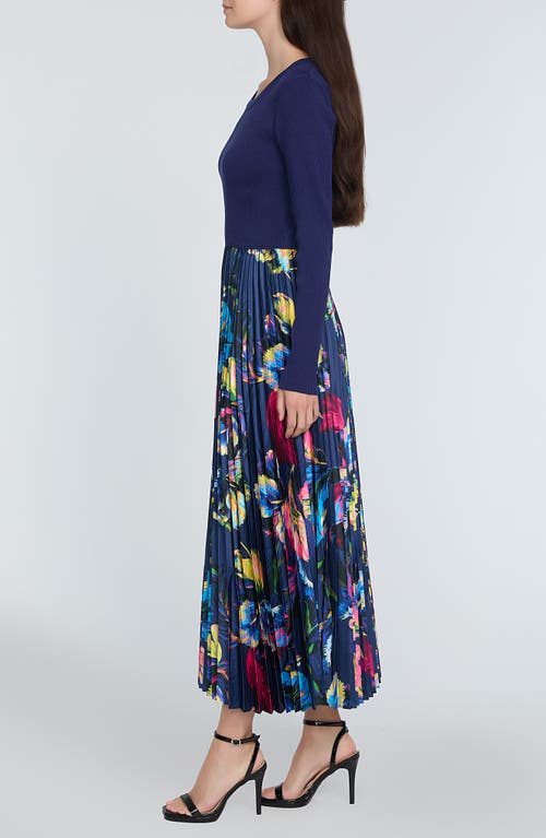 Shop Elie Tahari The Maeve Mixed Media Long Sleeve Dress In Daphne Blue With Daphne Garden