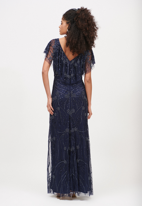Beauut Embellished Sequin Beaded Deep V Neck Maxi Dress In Mid Night Blue