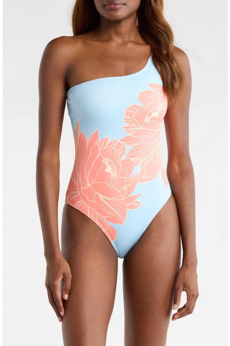 Placement Print One-Shoulder One-Piece Swimsuit, Main, color, SKY BLUE PEONIES