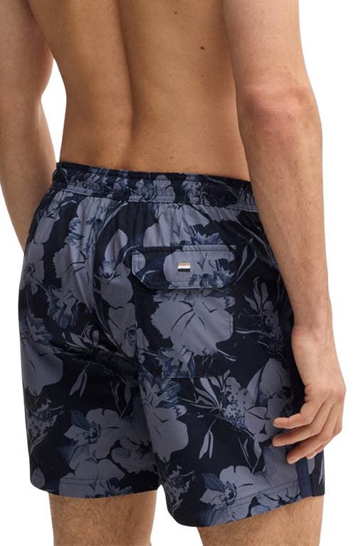 Hugo Boss Boss Alain Floral Stretch Swim Trunks In Blue