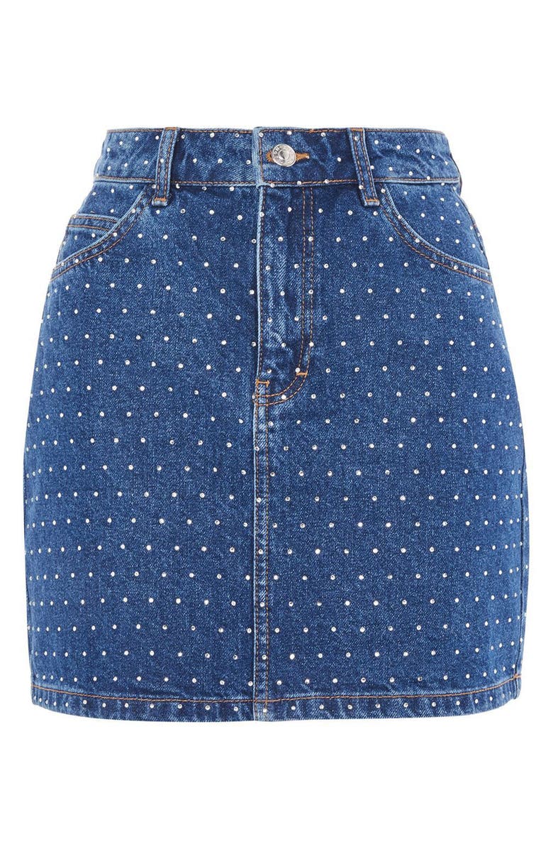 Topshop Crystal Studded Denim Miniskirt, Alternate, color, Mid Denim