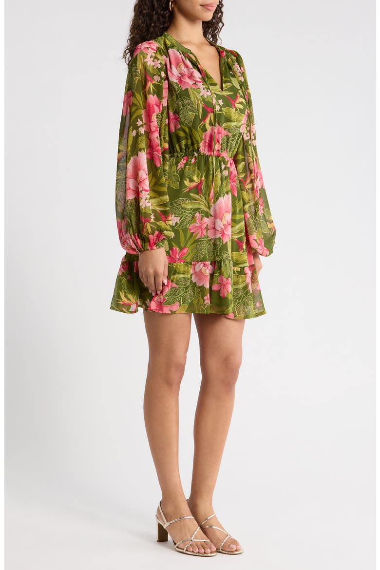 Madeira Metallic Abstract Print Long Sleeve Dress, Alternate, color, GREEN-PINK-CORAL