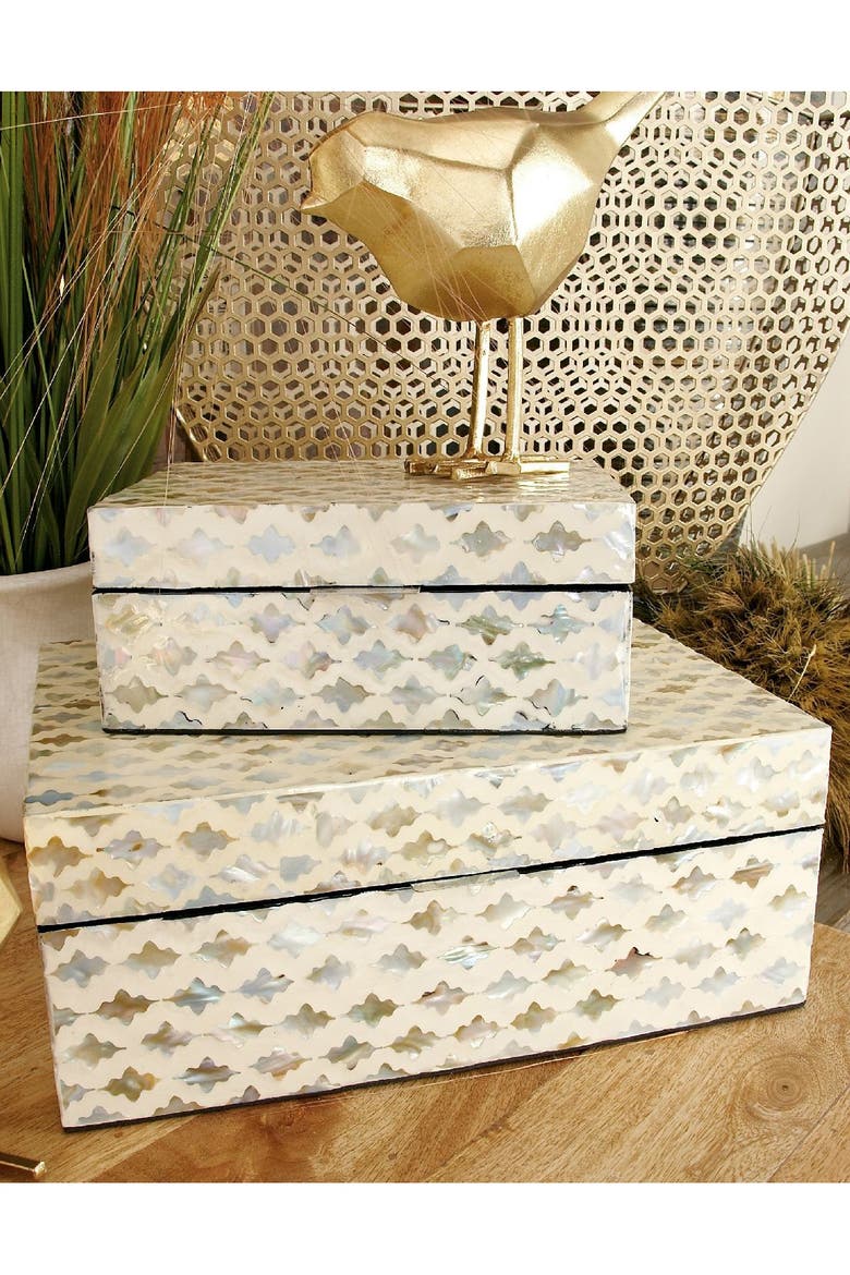 Cream Mother of Pearl Handmade Box with Hinged Lid - Set of 2, Alternate, color, WHITE