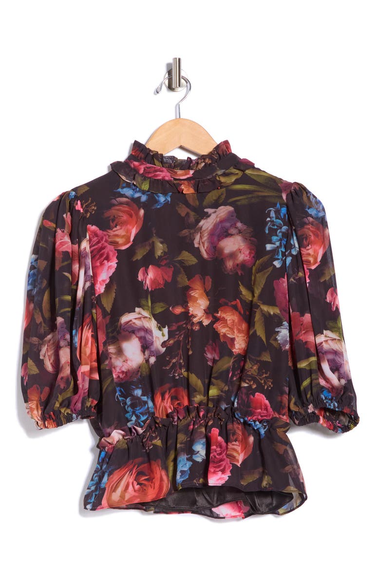 Ruffle Mock Neck Top, Alternate, color, BLACK ROSE PRINT