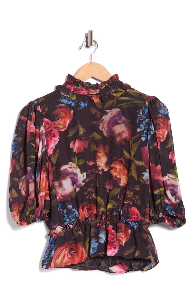 T Tahari Ruffle Mock Neck Top, Alternate, color, Black Rose Print