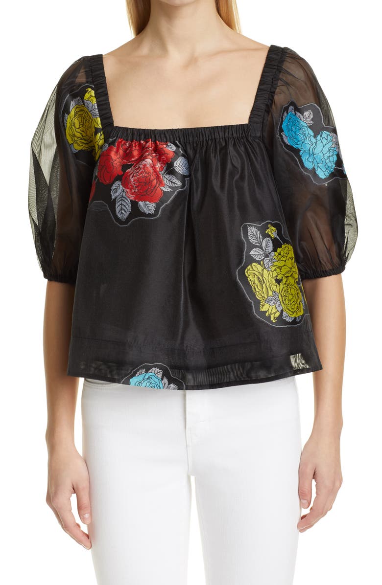 Ganni Patch Detail Organza Puff Sleeve Swing Top, Main, color, Black