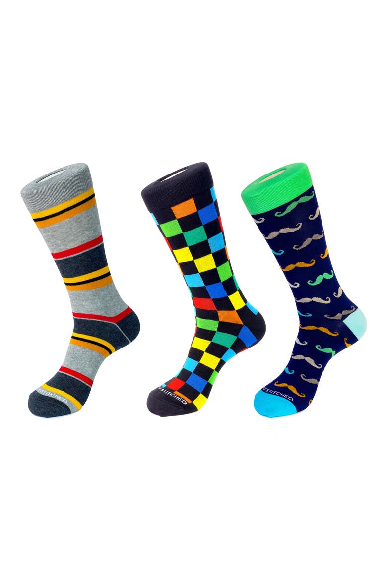 3-Pack Patterned Crew Socks, Main, color, BLACK GREY BLUE