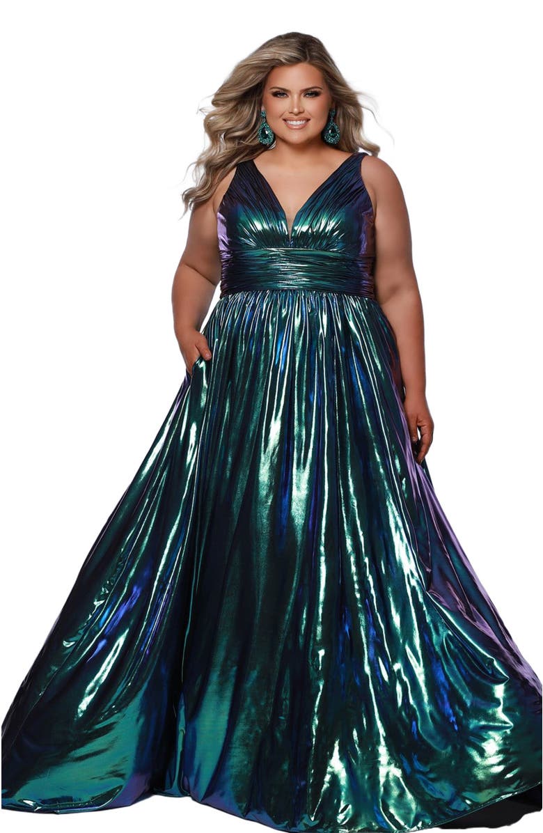 Sydney's Closet Bra-Friendly V-Neckline Plus Size A-Line Formal Gown, Alternate, color, Peacock